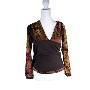 Italian vintage velour flare sleeve paisley brown autumn fall top size L